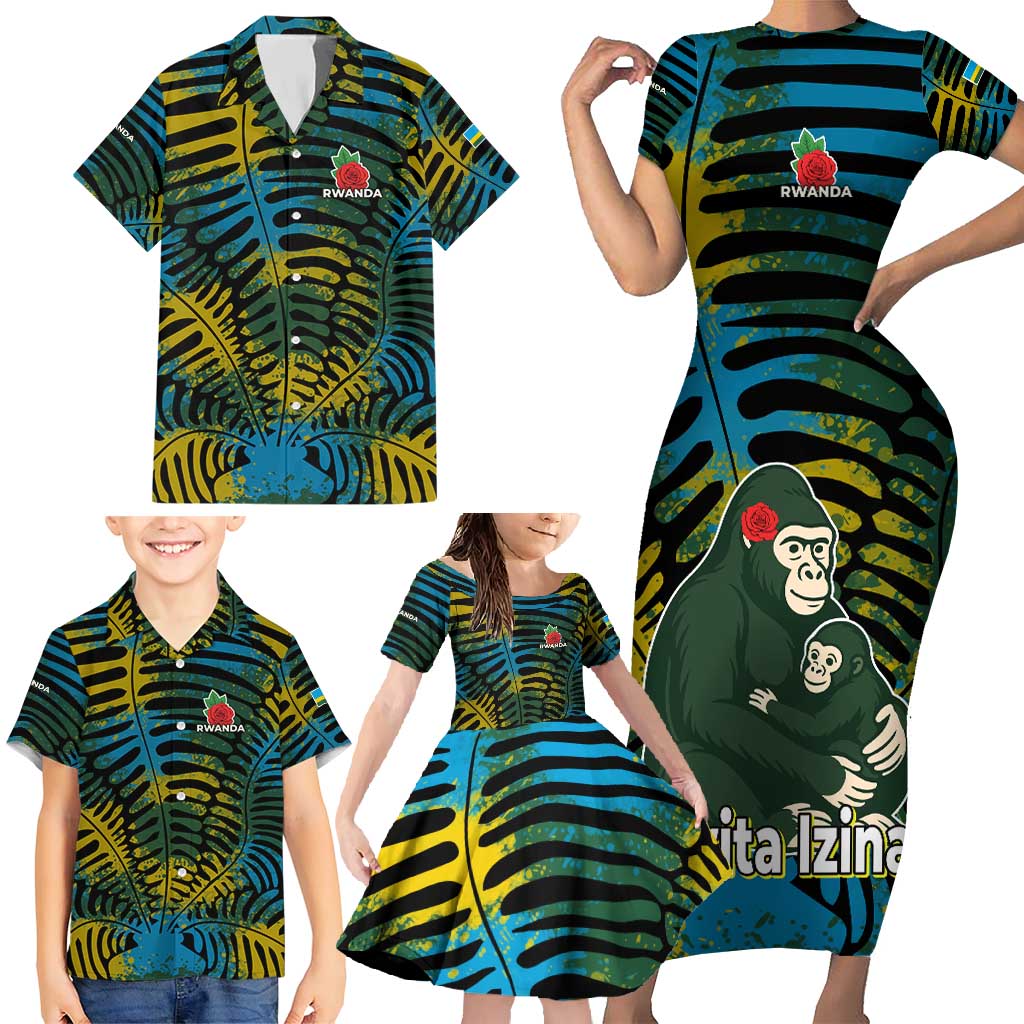 Rwanda Family Matching Short Sleeve Bodycon Dress and Hawaiian Shirt with Gorilla Family Kwita Izina Leaf Jungle Spirit