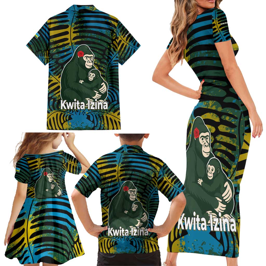Rwanda Family Matching Short Sleeve Bodycon Dress and Hawaiian Shirt with Gorilla Family Kwita Izina Leaf Jungle Spirit