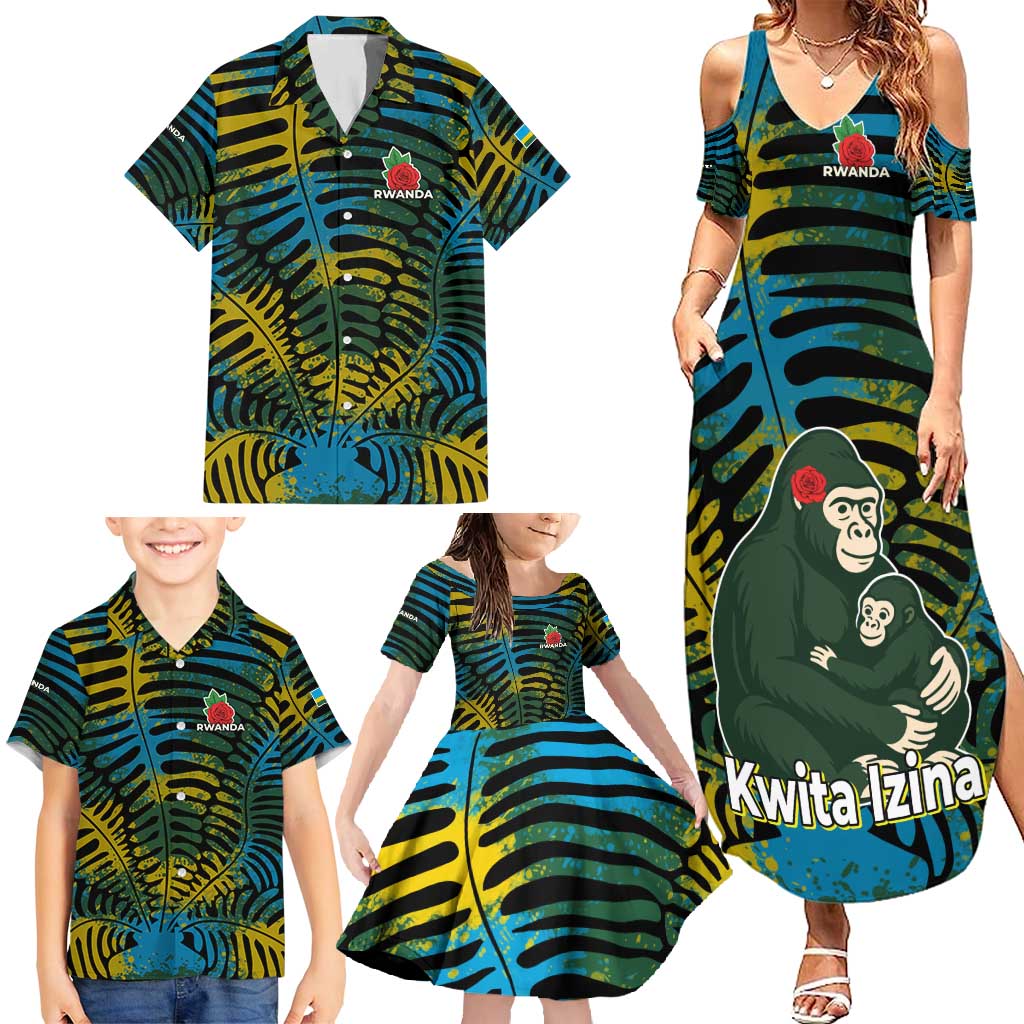 Rwanda Family Matching Summer Maxi Dress and Hawaiian Shirt with Gorilla Family Kwita Izina Leaf Jungle Spirit