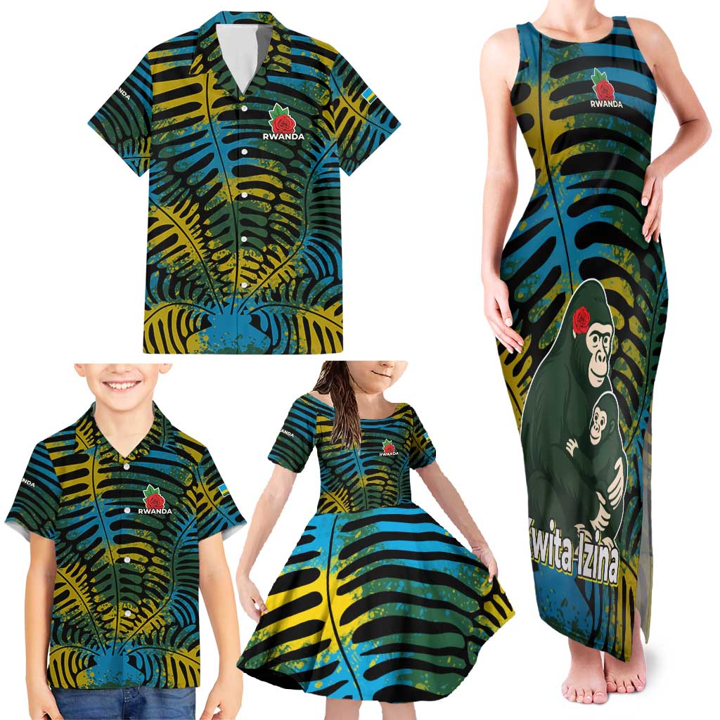 Rwanda Family Matching Tank Maxi Dress and Hawaiian Shirt with Gorilla Family Kwita Izina Leaf Jungle Spirit
