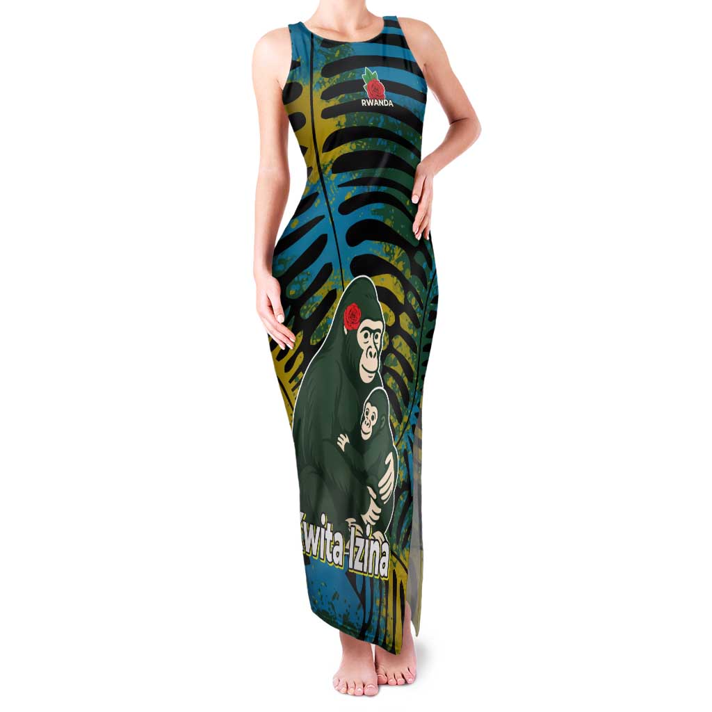 Rwanda Family Matching Tank Maxi Dress and Hawaiian Shirt with Gorilla Family Kwita Izina Leaf Jungle Spirit