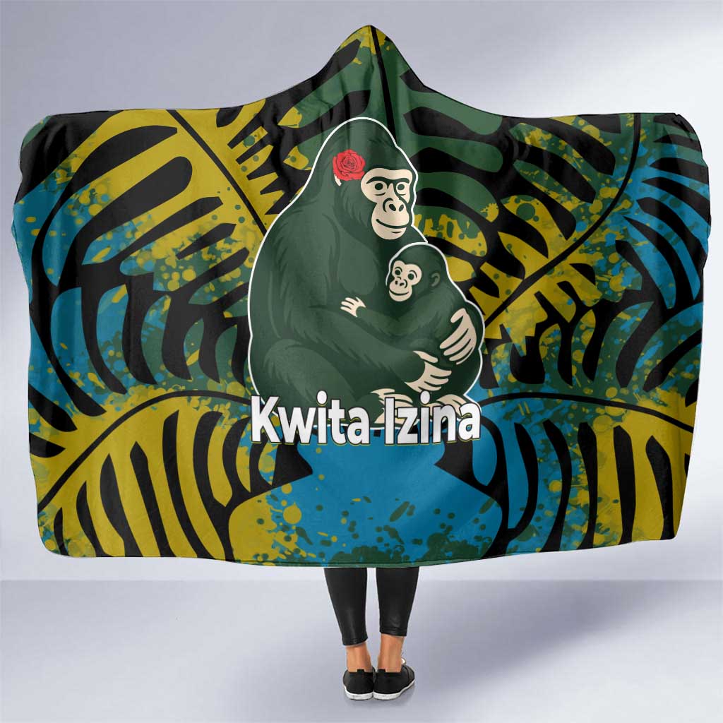 Rwanda Hooded Blanket with Gorilla Family Kwita Izina Leaf Jungle Spirit