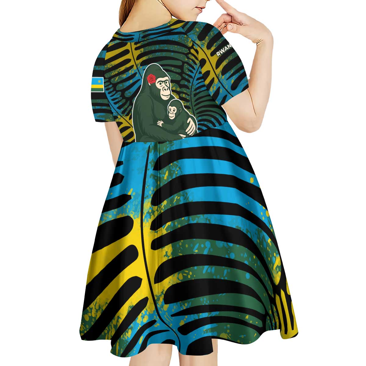 Rwanda Kid Short Sleeve Dress with Gorilla Family Kwita Izina Leaf Jungle Spirit