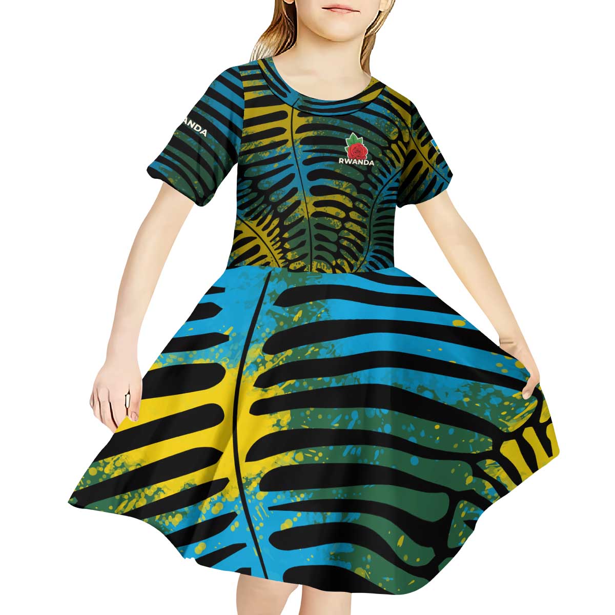 Rwanda Kid Short Sleeve Dress with Gorilla Family Kwita Izina Leaf Jungle Spirit
