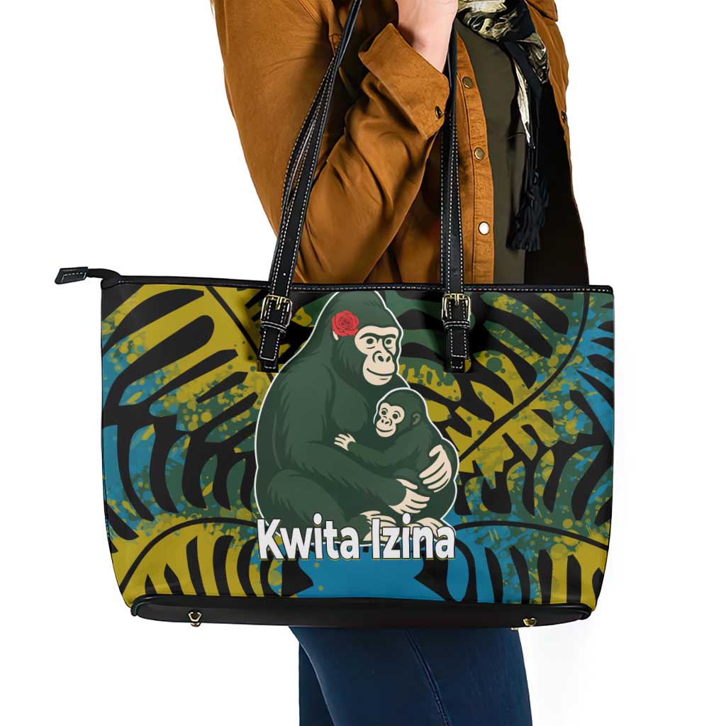 Rwanda Leather Tote Bag with Gorilla Family Kwita Izina Leaf Jungle Spirit
