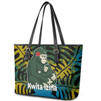 Rwanda Leather Tote Bag with Gorilla Family Kwita Izina Leaf Jungle Spirit