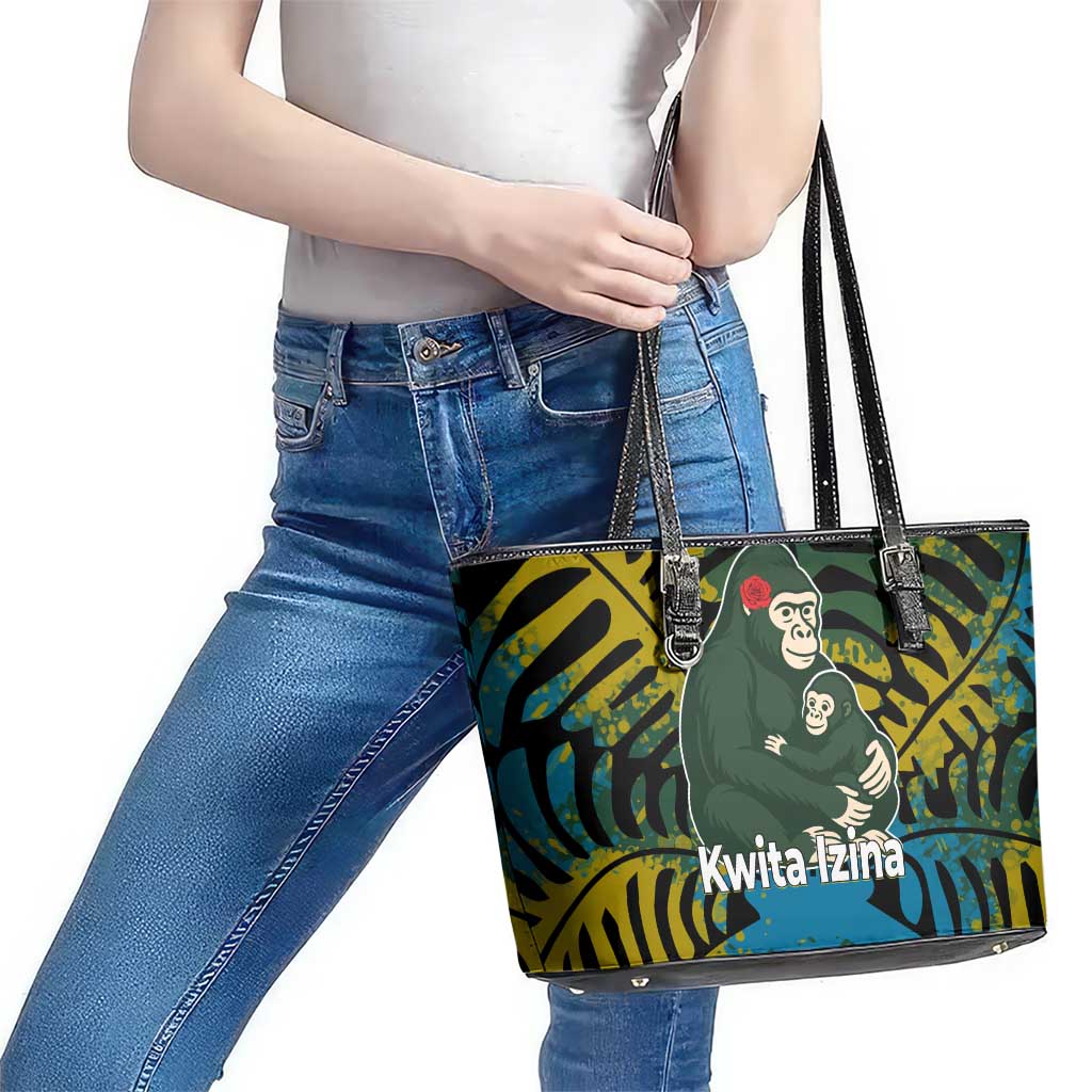 Rwanda Leather Tote Bag with Gorilla Family Kwita Izina Leaf Jungle Spirit