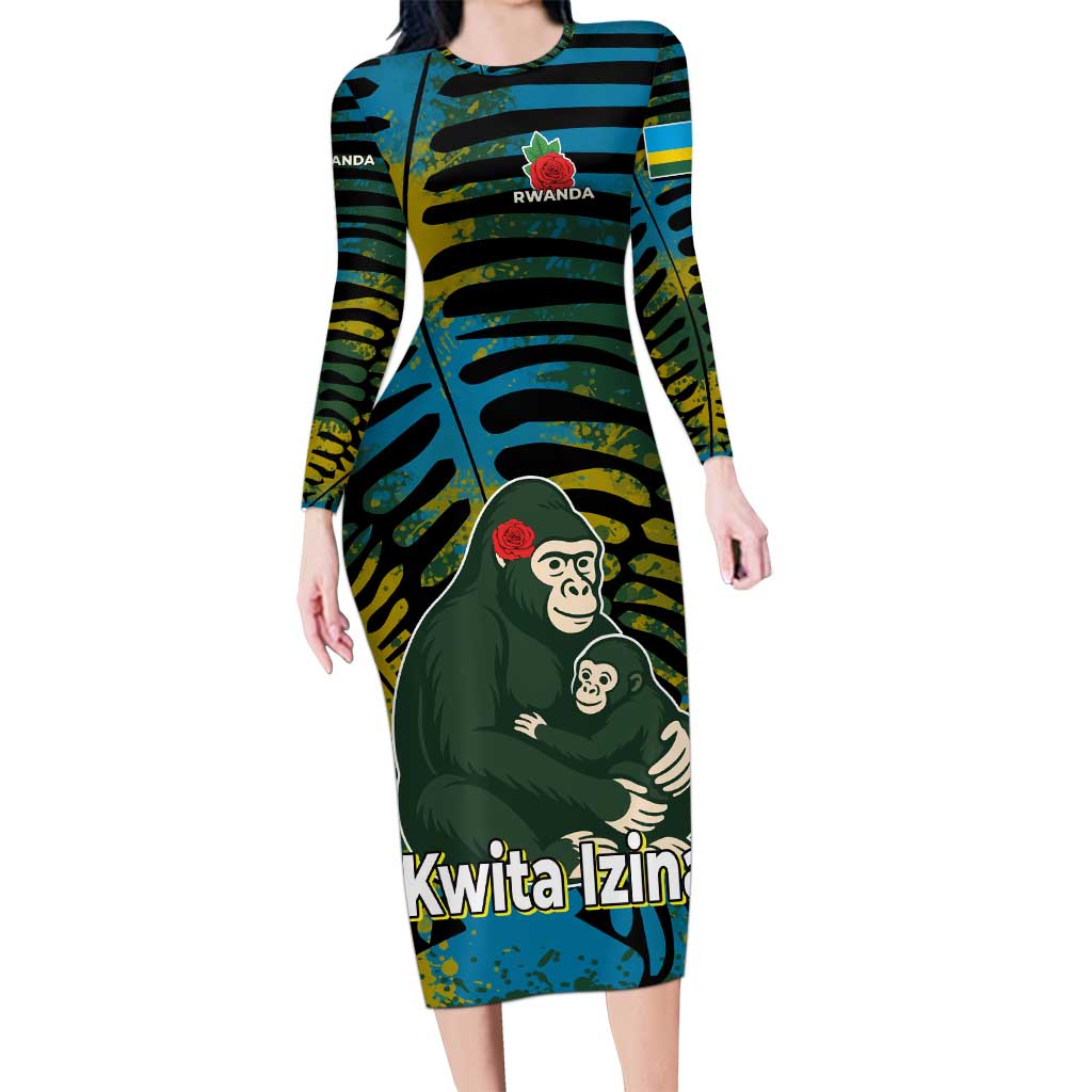 Rwanda Long Sleeve Bodycon Dress with Gorilla Family Kwita Izina Leaf Jungle Spirit