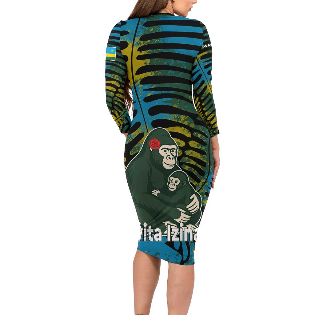 Rwanda Long Sleeve Bodycon Dress with Gorilla Family Kwita Izina Leaf Jungle Spirit