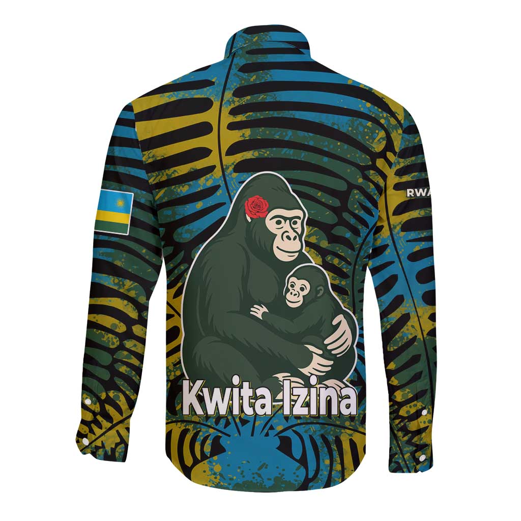 Rwanda Long Sleeve Button Shirt with Gorilla Family Kwita Izina Leaf Jungle Spirit