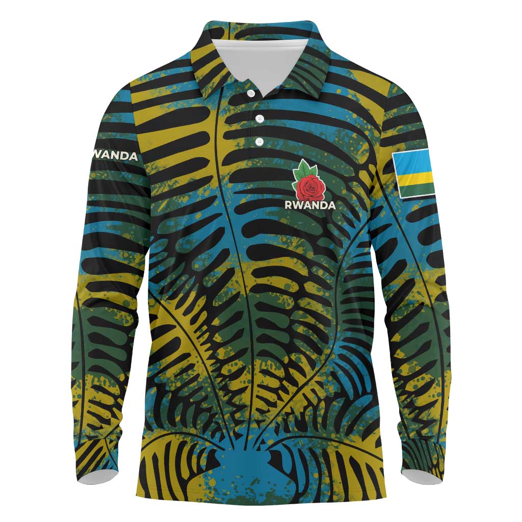 Rwanda Long Sleeve Polo Shirt with Gorilla Family Kwita Izina Leaf Jungle Spirit