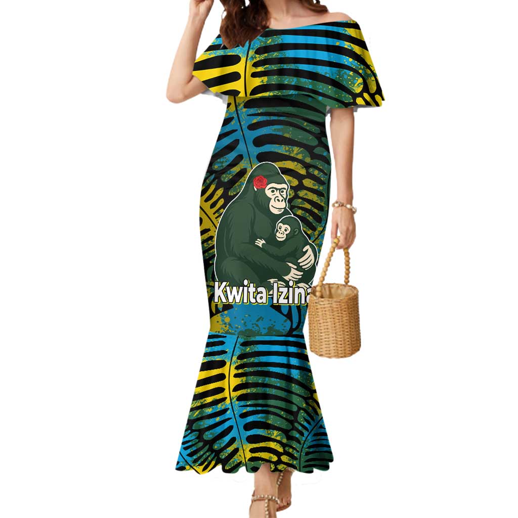 Rwanda Mermaid Dress with Gorilla Family Kwita Izina Leaf Jungle Spirit