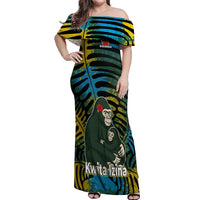 Rwanda Off Shoulder Maxi Dress with Gorilla Family Kwita Izina Leaf Jungle Spirit
