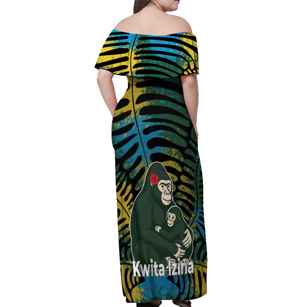 Rwanda Off Shoulder Maxi Dress with Gorilla Family Kwita Izina Leaf Jungle Spirit