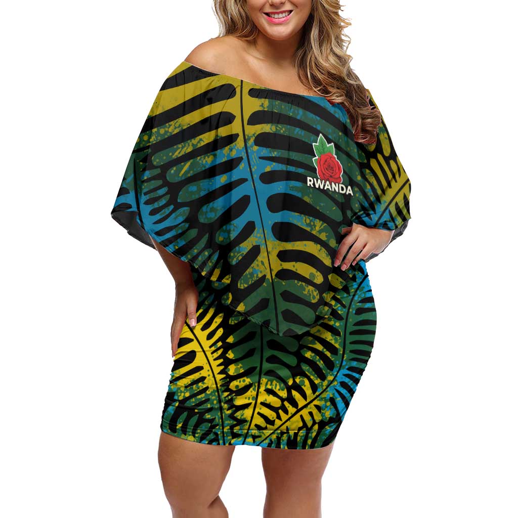 Rwanda Off Shoulder Short Dress with Gorilla Family Kwita Izina Leaf Jungle Spirit