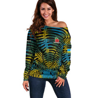 Rwanda Off Shoulder Sweater with Gorilla Family Kwita Izina Leaf Jungle Spirit