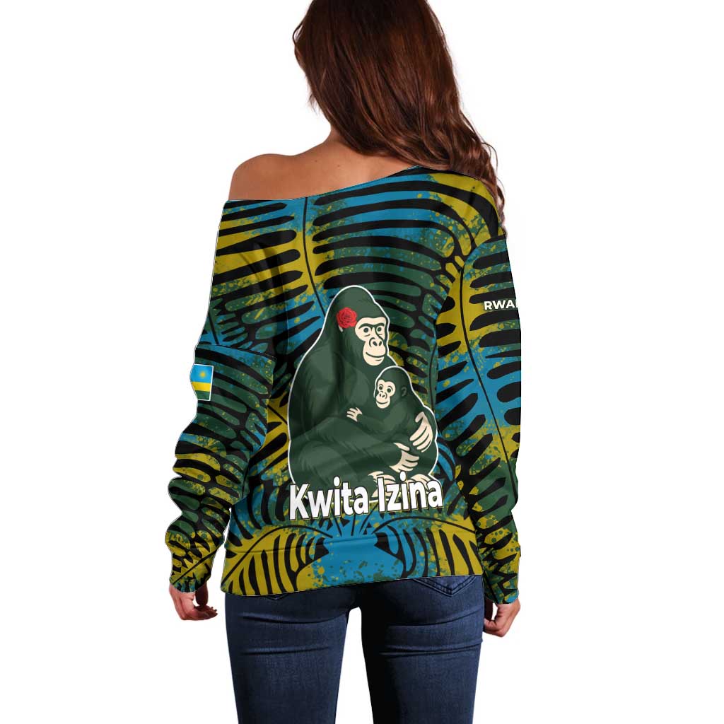 Rwanda Off Shoulder Sweater with Gorilla Family Kwita Izina Leaf Jungle Spirit