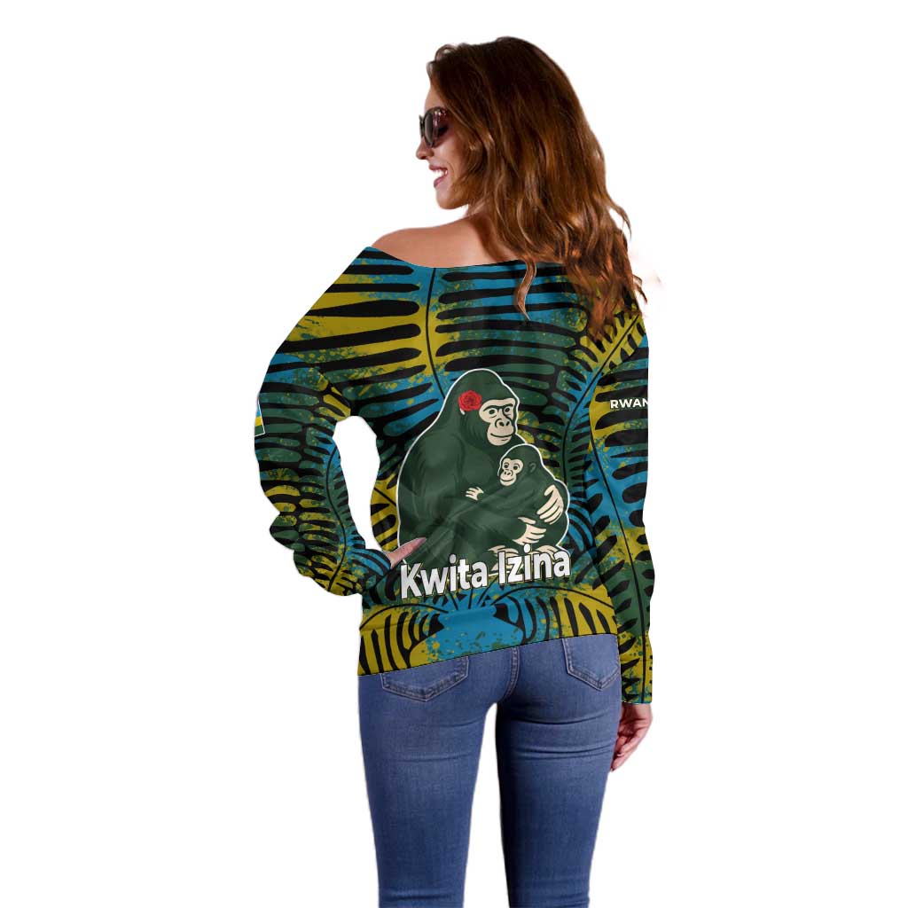 Rwanda Off Shoulder Sweater with Gorilla Family Kwita Izina Leaf Jungle Spirit