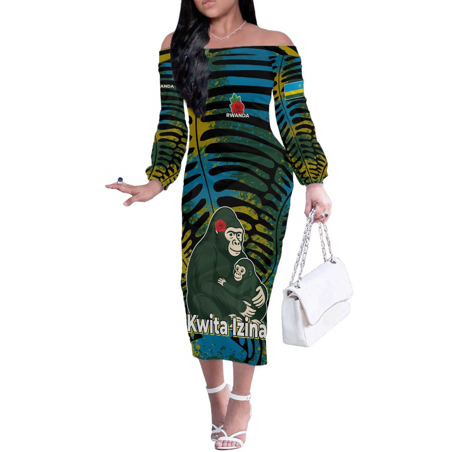 Rwanda Off The Shoulder Long Sleeve Dress with Gorilla Family Kwita Izina Leaf Jungle Spirit