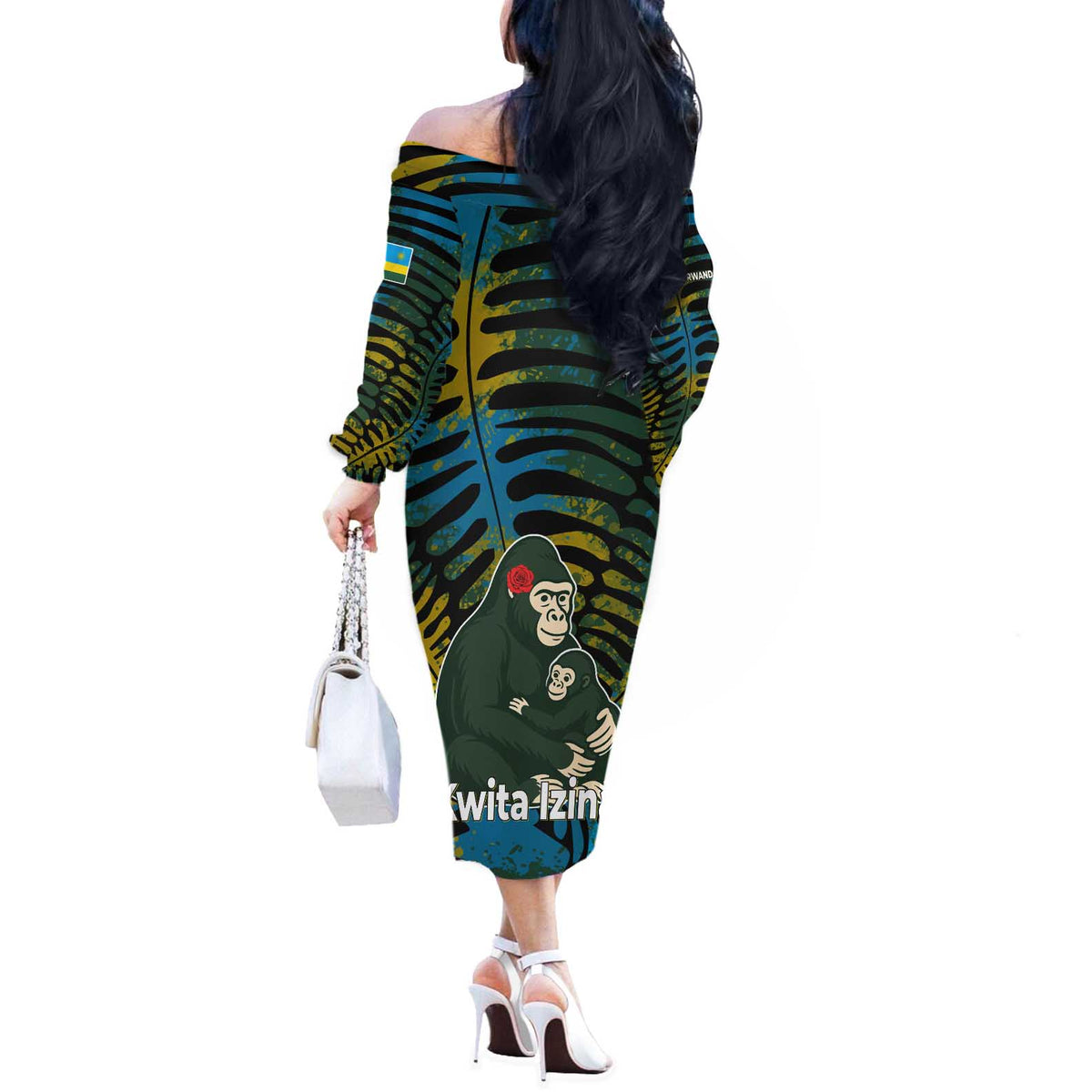 Rwanda Off The Shoulder Long Sleeve Dress with Gorilla Family Kwita Izina Leaf Jungle Spirit