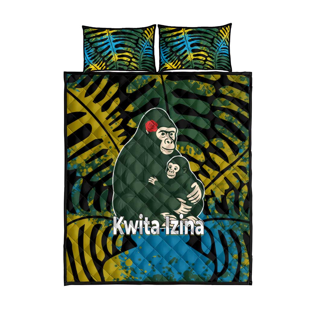 Rwanda Quilt Bed Set with Gorilla Family Kwita Izina Leaf Jungle Spirit