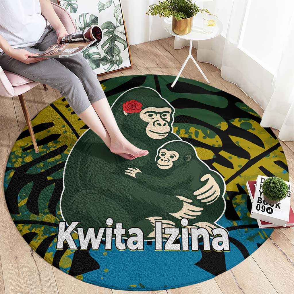Rwanda Round Carpet with Gorilla Family Kwita Izina Leaf Jungle Spirit