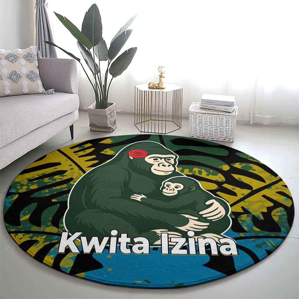 Rwanda Round Carpet with Gorilla Family Kwita Izina Leaf Jungle Spirit