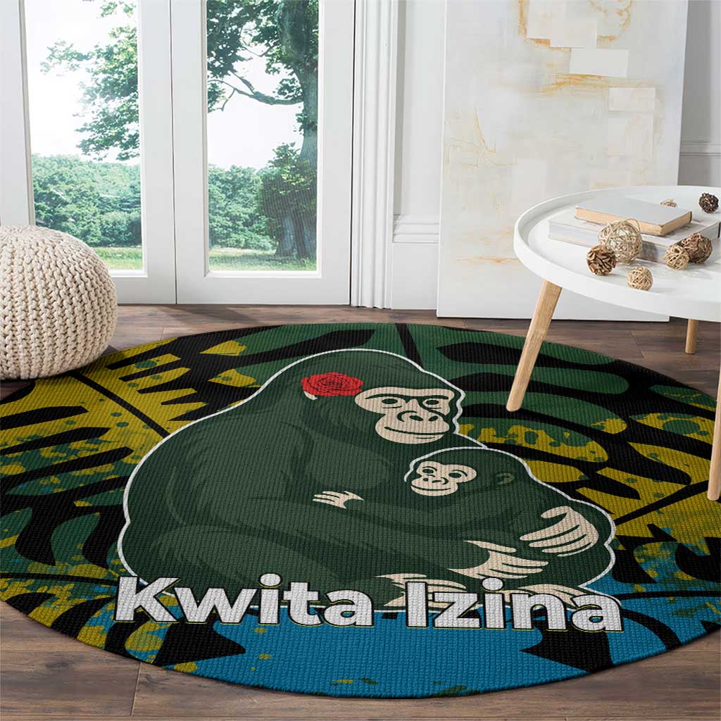 Rwanda Round Carpet with Gorilla Family Kwita Izina Leaf Jungle Spirit