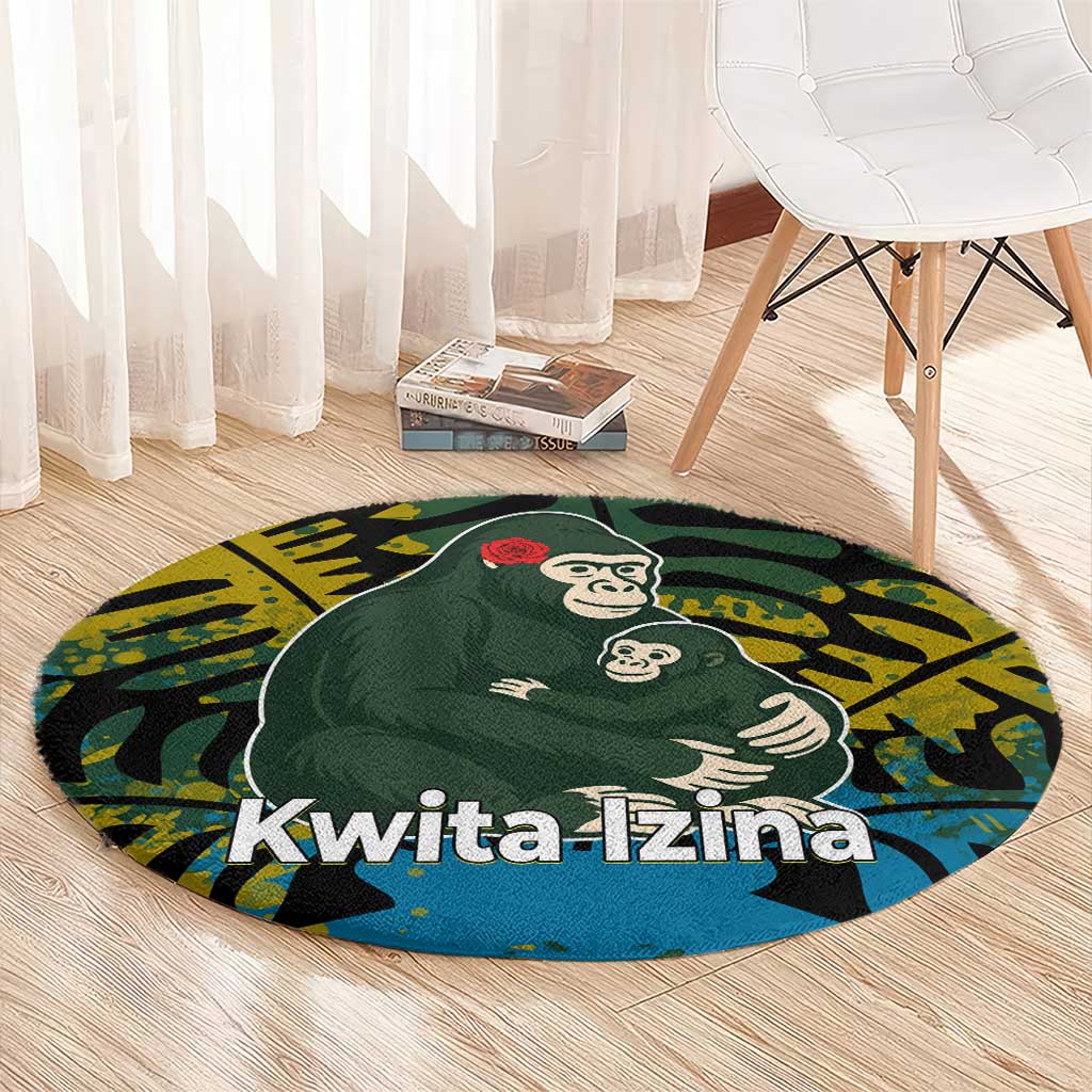 Rwanda Round Carpet with Gorilla Family Kwita Izina Leaf Jungle Spirit