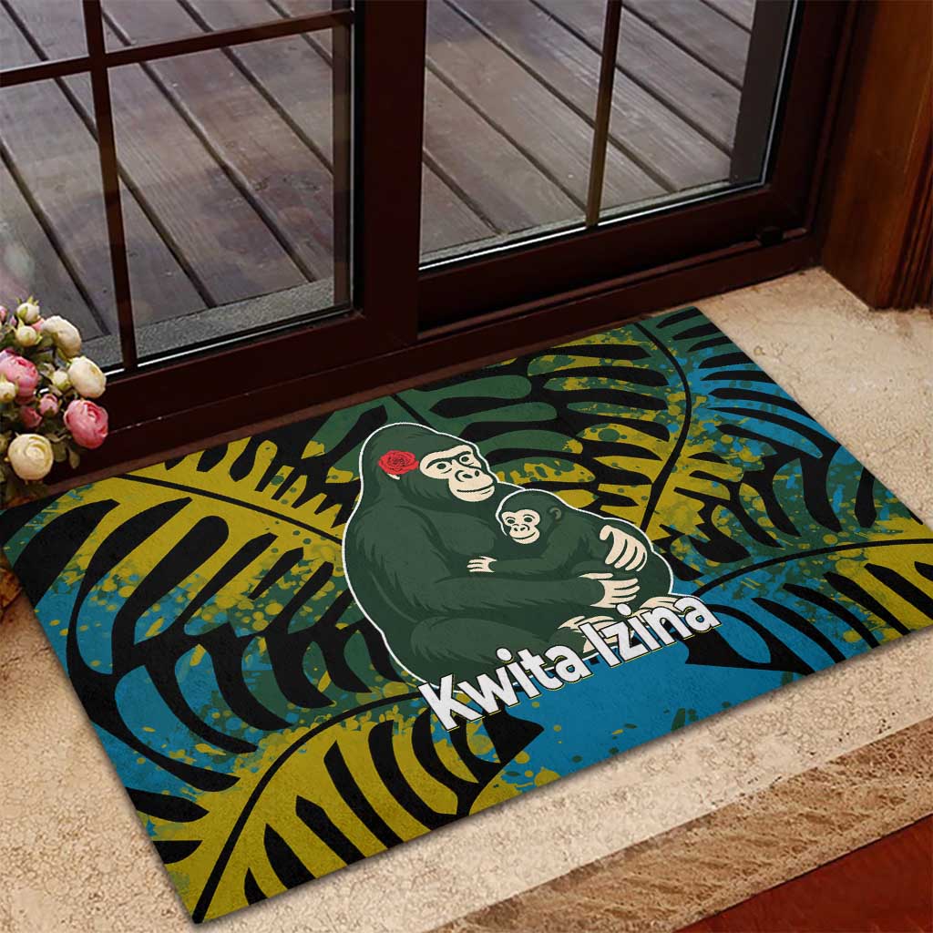 Rwanda Rubber Doormat with Gorilla Family Kwita Izina Leaf Jungle Spirit