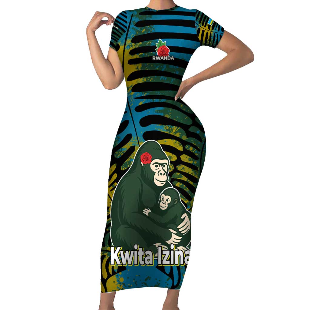 Rwanda Short Sleeve Bodycon Dress with Gorilla Family Kwita Izina Leaf Jungle Spirit