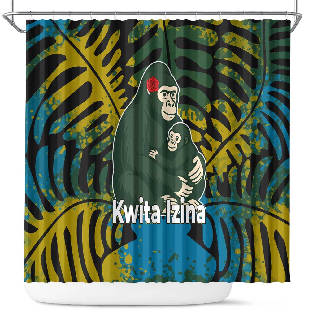 Rwanda Shower Curtain with Gorilla Family Kwita Izina Leaf Jungle Spirit