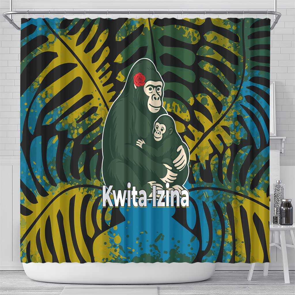 Rwanda Shower Curtain with Gorilla Family Kwita Izina Leaf Jungle Spirit