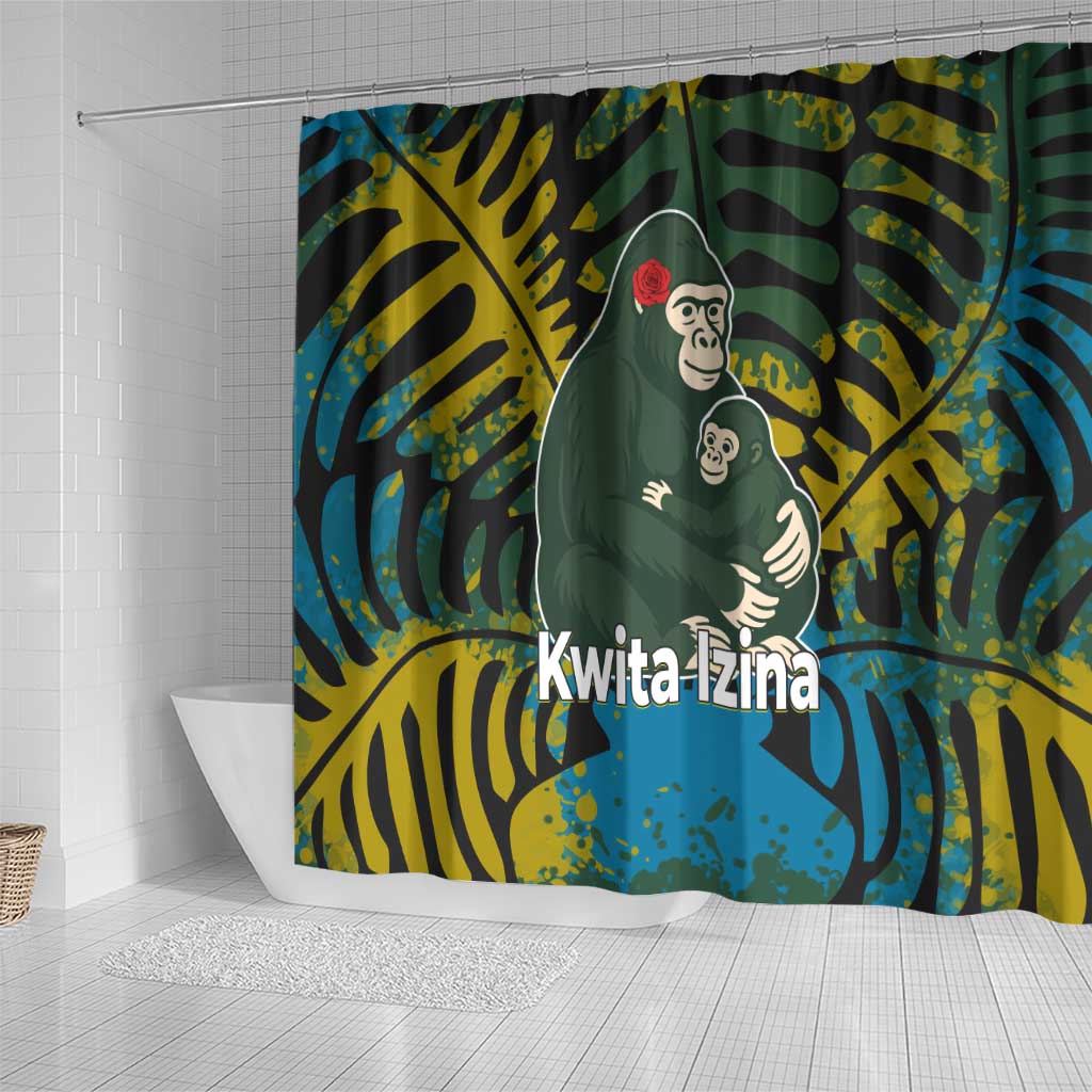 Rwanda Shower Curtain with Gorilla Family Kwita Izina Leaf Jungle Spirit