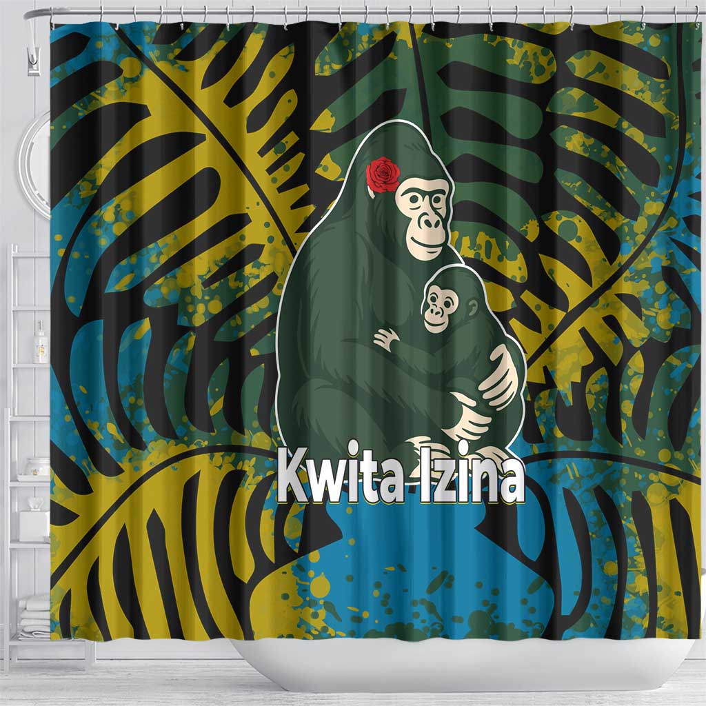 Rwanda Shower Curtain with Gorilla Family Kwita Izina Leaf Jungle Spirit
