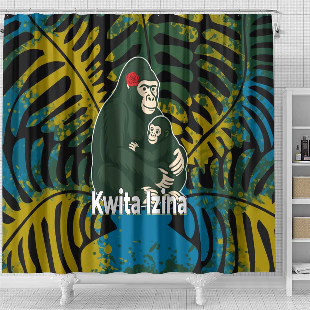 Rwanda Shower Curtain with Gorilla Family Kwita Izina Leaf Jungle Spirit