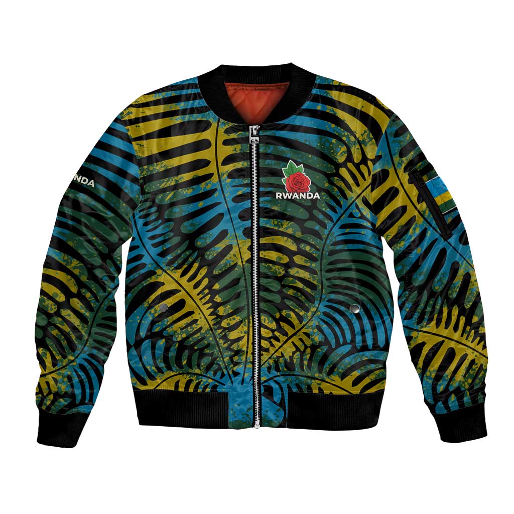 Rwanda Sleeve Zip Bomber Jacket with Gorilla Family Kwita Izina Leaf Jungle Spirit