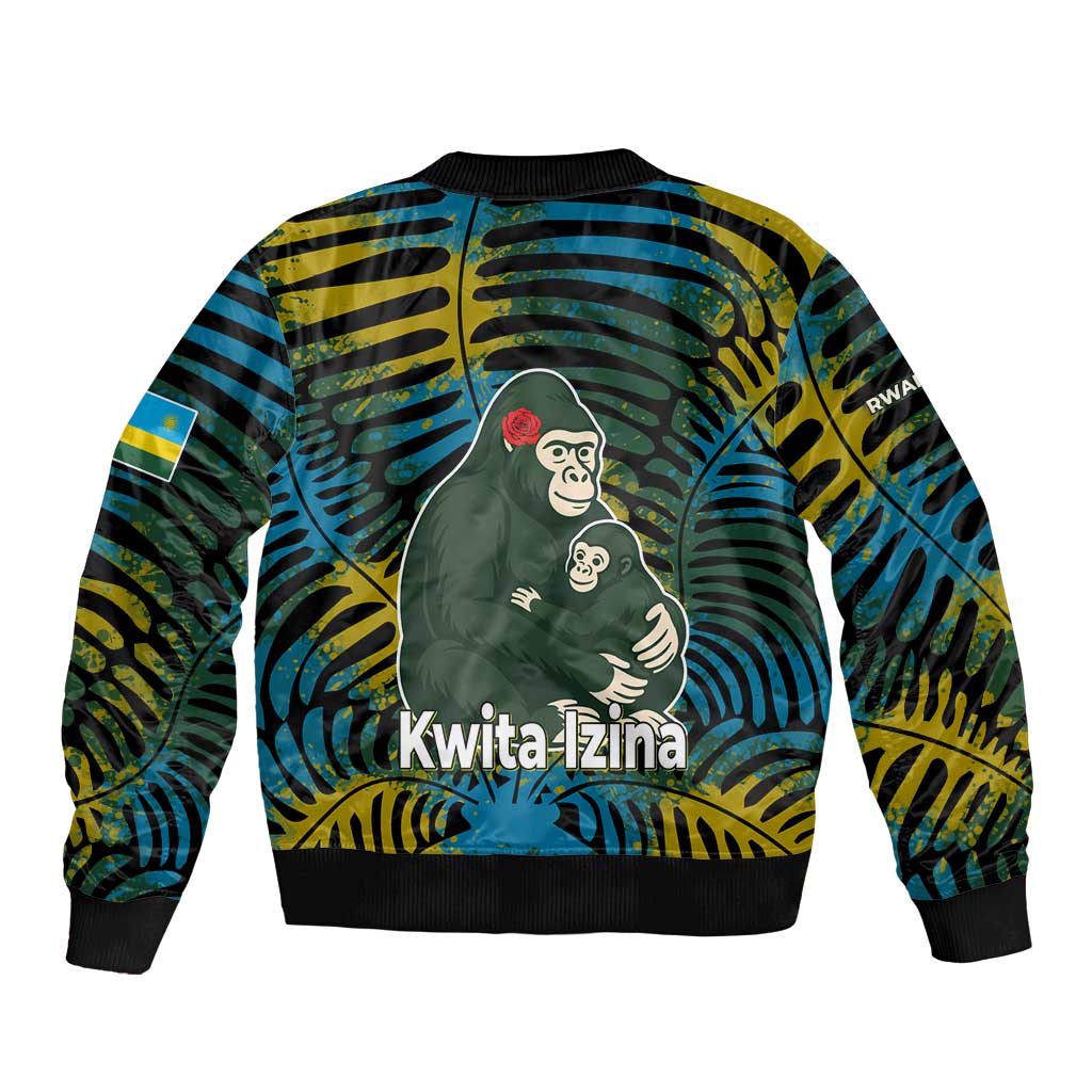 Rwanda Sleeve Zip Bomber Jacket with Gorilla Family Kwita Izina Leaf Jungle Spirit
