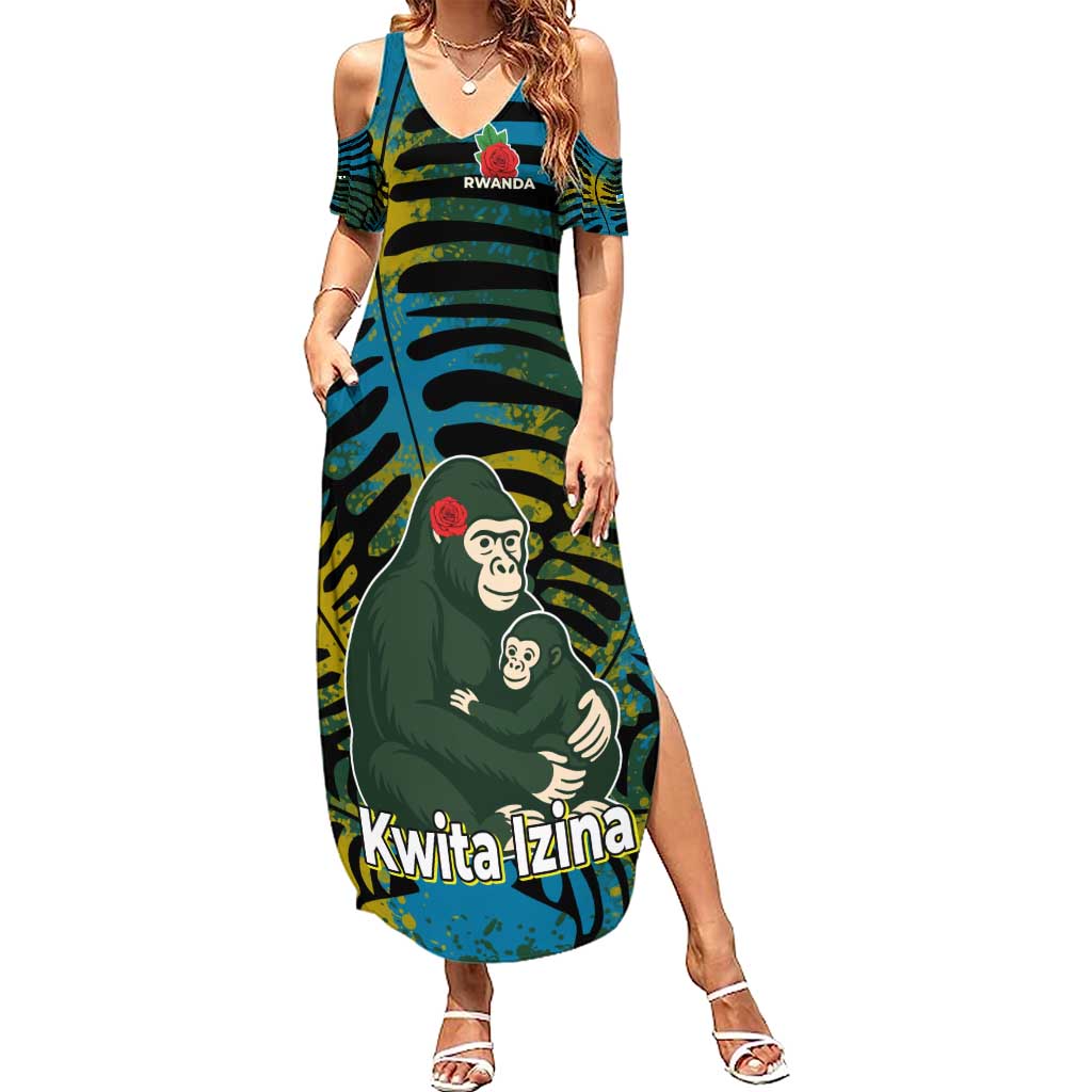 Rwanda Summer Maxi Dress with Gorilla Family Kwita Izina Leaf Jungle Spirit