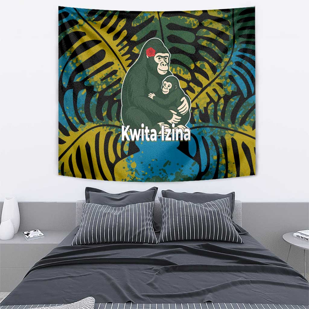 Rwanda Tapestry with Gorilla Family Kwita Izina Leaf Jungle Spirit