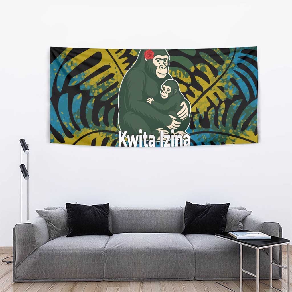 Rwanda Tapestry with Gorilla Family Kwita Izina Leaf Jungle Spirit