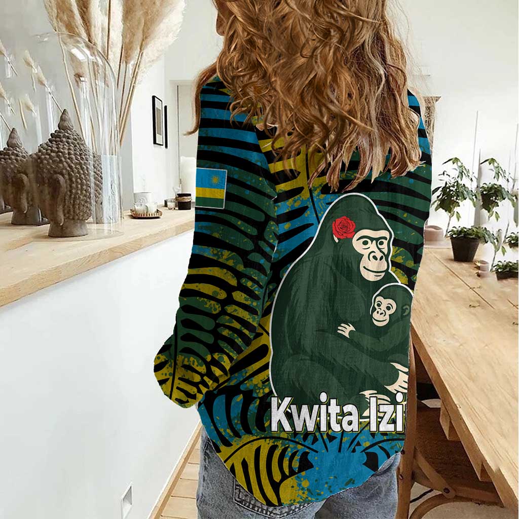 Rwanda Women Casual Shirt with Gorilla Family Kwita Izina Leaf Jungle Spirit