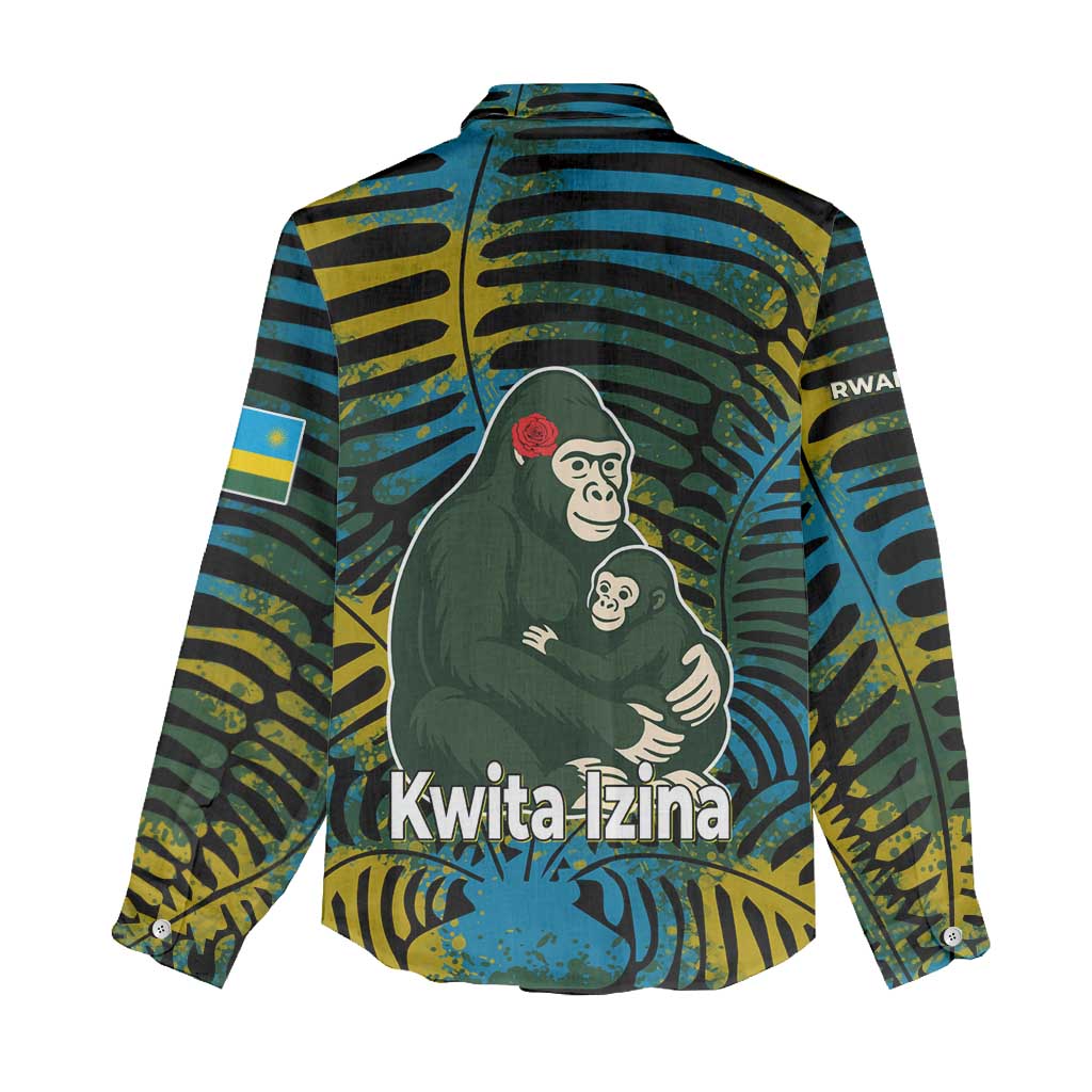 Rwanda Women Casual Shirt with Gorilla Family Kwita Izina Leaf Jungle Spirit