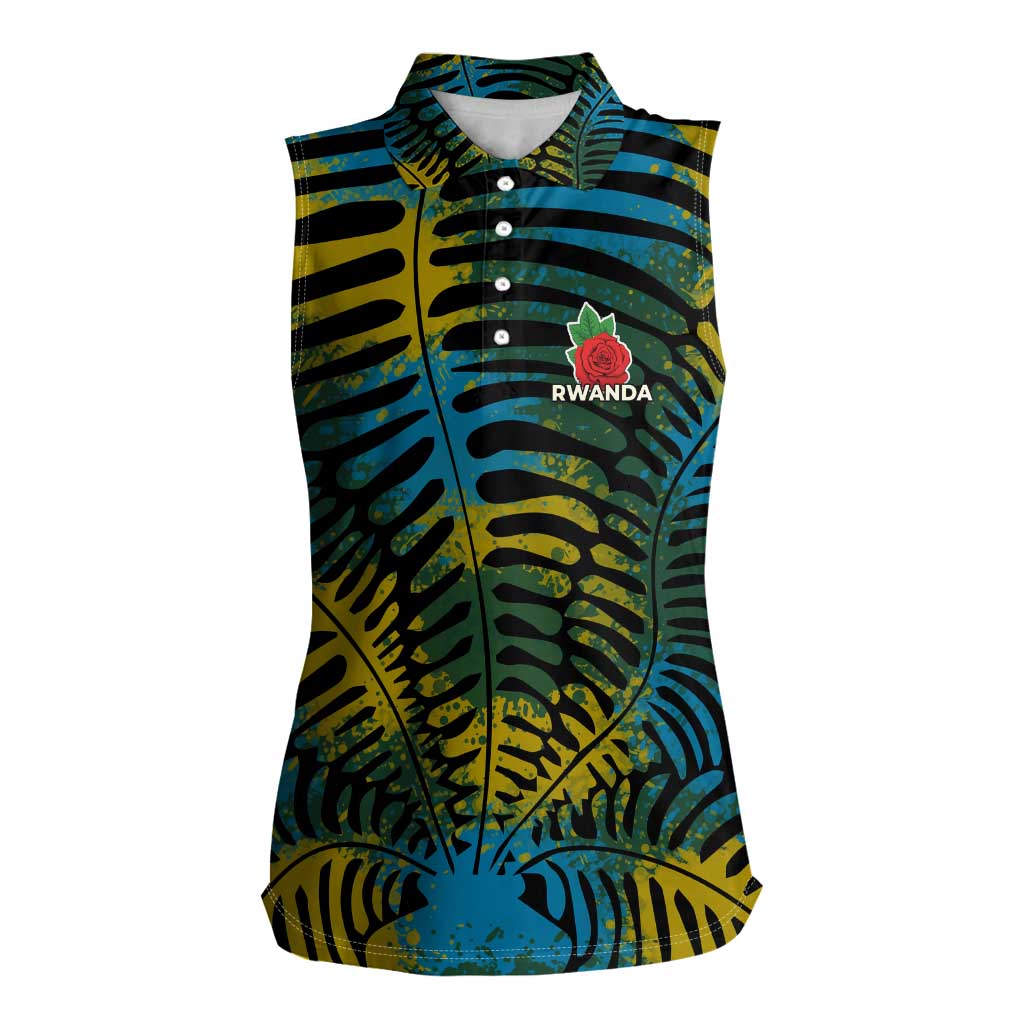 Rwanda Women Sleeveless Polo Shirt with Gorilla Family Kwita Izina Leaf Jungle Spirit