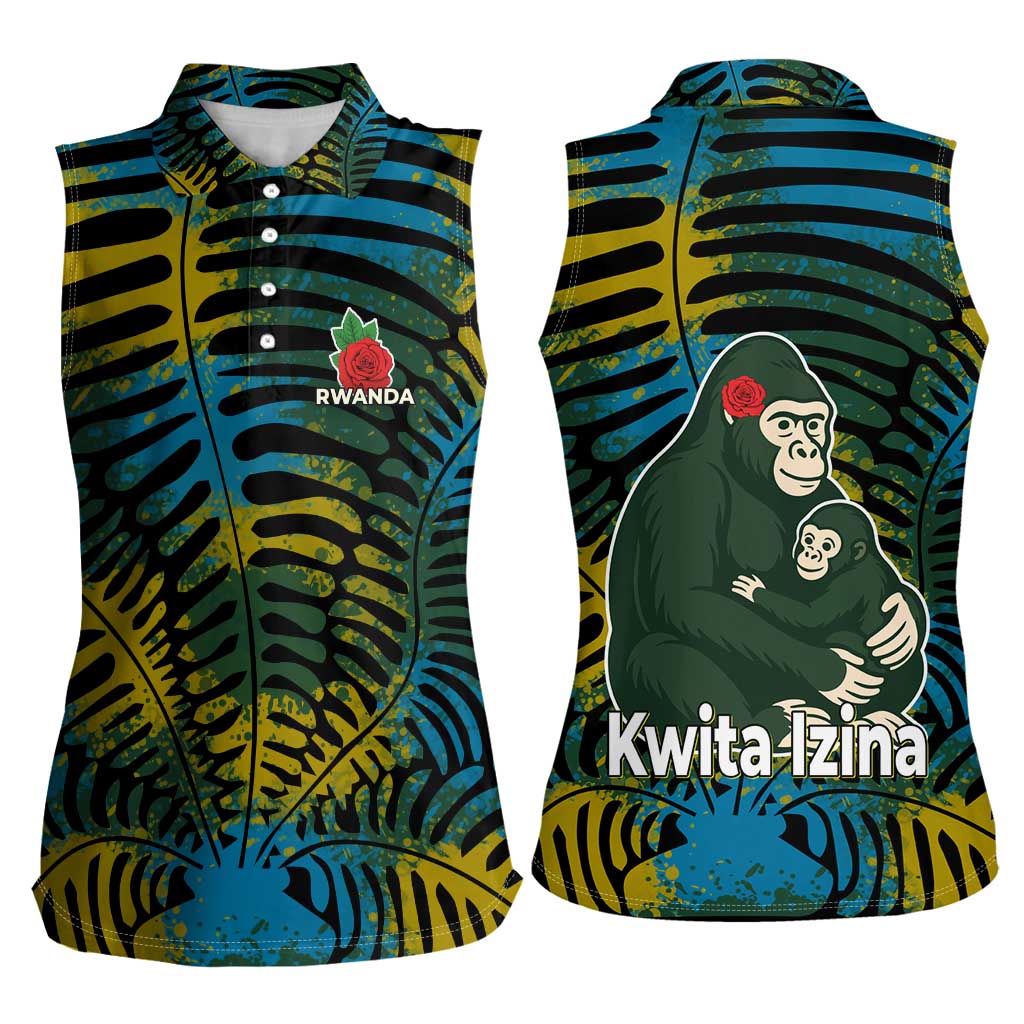 Rwanda Women Sleeveless Polo Shirt with Gorilla Family Kwita Izina Leaf Jungle Spirit