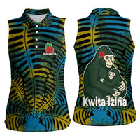 Rwanda Women Sleeveless Polo Shirt with Gorilla Family Kwita Izina Leaf Jungle Spirit