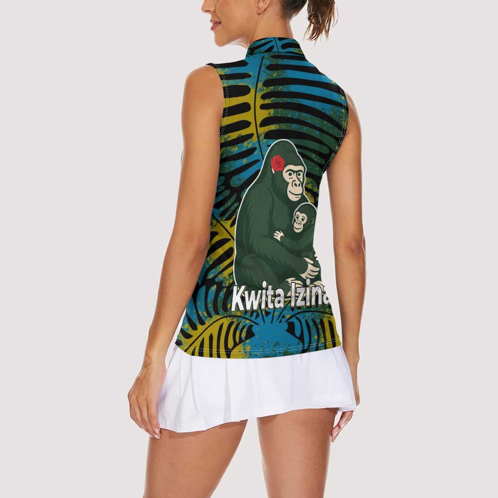 Rwanda Women Sleeveless Polo Shirt with Gorilla Family Kwita Izina Leaf Jungle Spirit