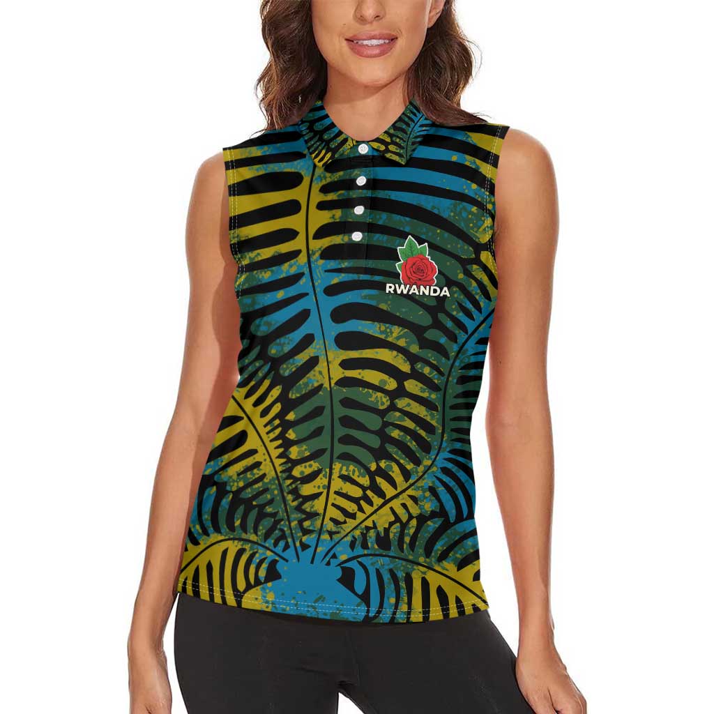 Rwanda Women Sleeveless Polo Shirt with Gorilla Family Kwita Izina Leaf Jungle Spirit