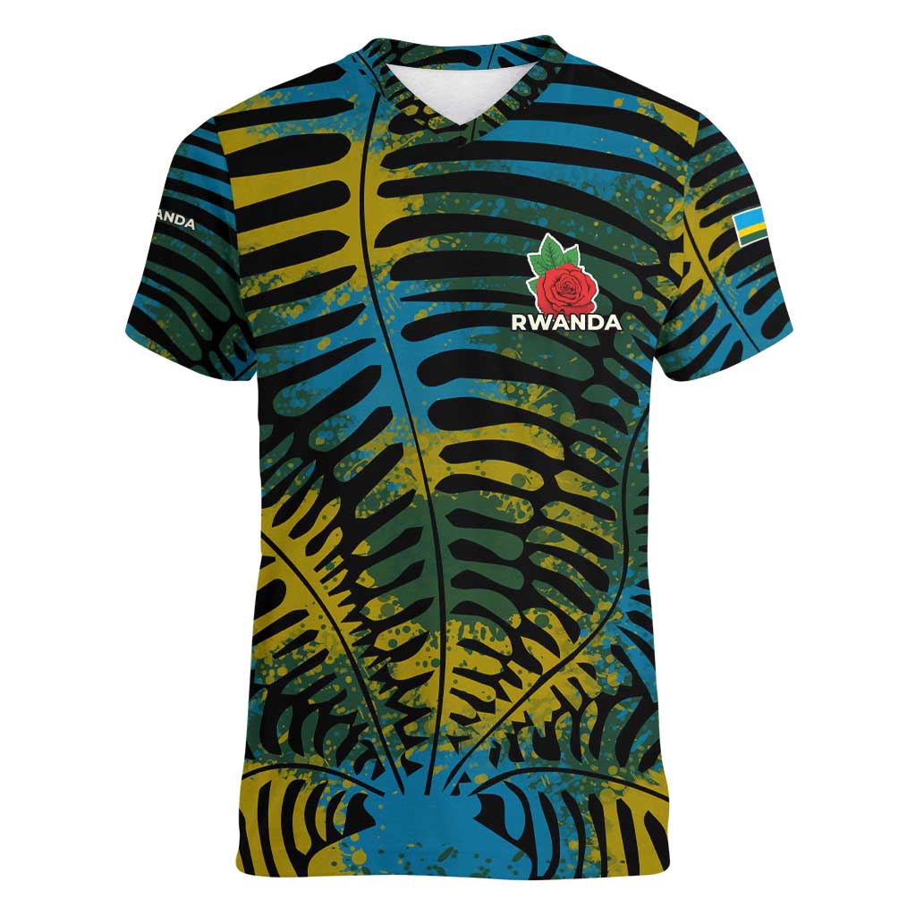 Rwanda Women V-Neck T-Shirt with Gorilla Family Kwita Izina Leaf Jungle Spirit