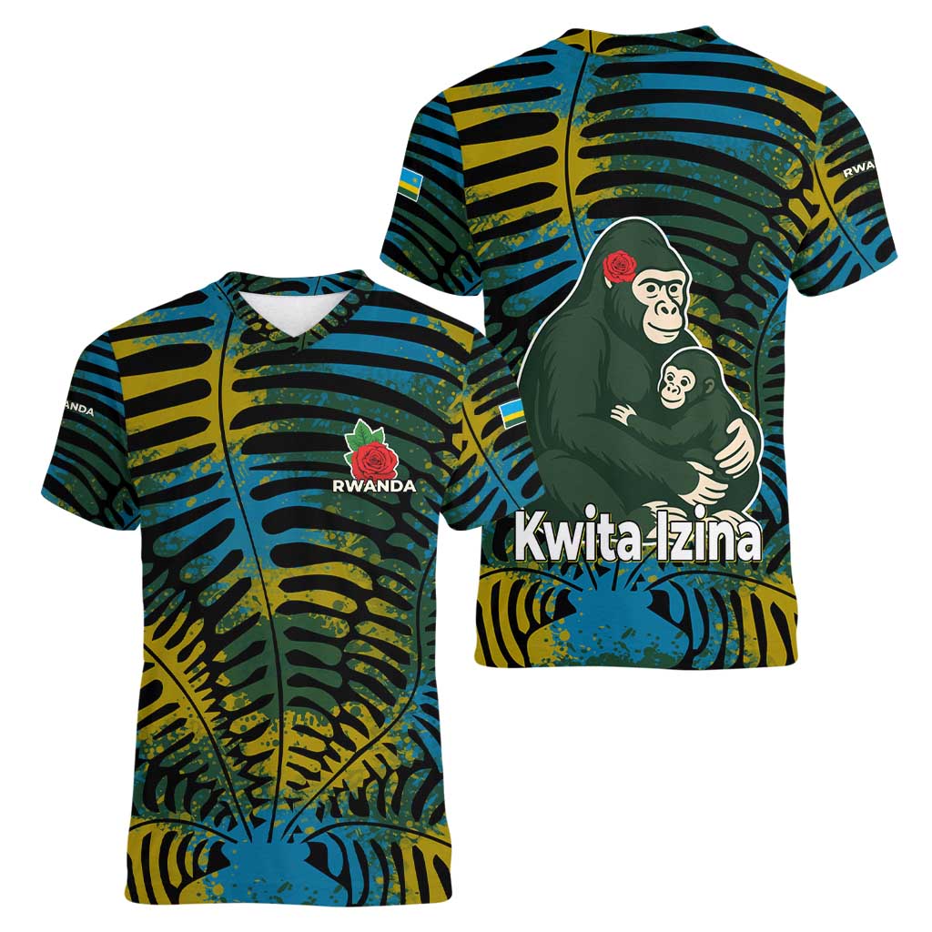Rwanda Women V-Neck T-Shirt with Gorilla Family Kwita Izina Leaf Jungle Spirit